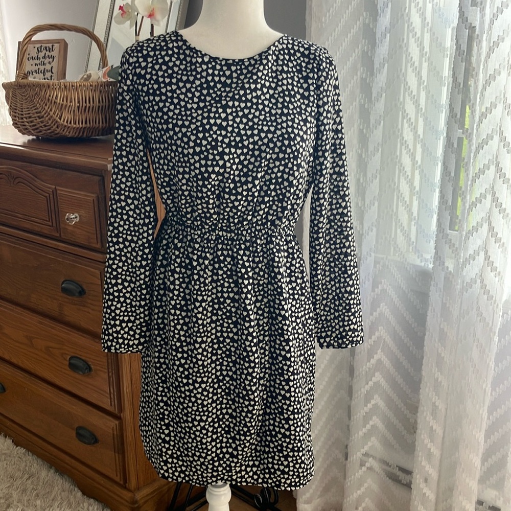 J Crew heart print elastic waist cute long sleeve dress work school EUC 2 love